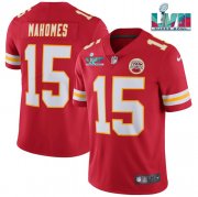 Wholesale Cheap Men’s Kansas City Chiefs #15 Patrick Mahomes Red Super Bowl LVII Patch Vapor Untouchable Limited Stitched Jersey