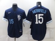 Wholesale Cheap Men's Kansas City Royals #15 Whit Merrifield Number 2022 Navy Blue City Connect Cool Base Stitched Jersey