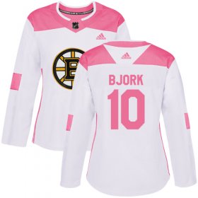 Wholesale Cheap Adidas Bruins #10 Anders Bjork White/Pink Authentic Fashion Women\'s Stitched NHL Jersey