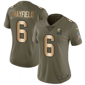 Wholesale Cheap Nike Browns #6 Baker Mayfield Olive/Gold Women\'s Stitched NFL Limited 2017 Salute to Service Jersey