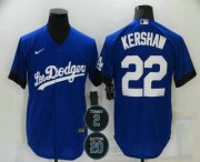 Wholesale Cheap Men's Los Angeles Dodgers #22 Clayton Kershaw Blue #2 #20 Patch City Connect Cool Base Stitched Jersey