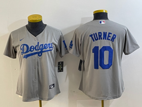 Cheap Women\'s Los Angeles Dodgers #10 Justin Turner Grey Cool Base Stitched Nike Jersey