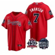 Wholesale Cheap Men Atlanta Braves 7 Dansby Swanson 2021 Red World Series With 150th Anniversary Patch Cool Base Stitched Jersey