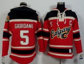 Wholesale Cheap Flames #5 Mark Giordano Red/Black Sawyer Hooded Sweatshirt Stitched NHL Jersey