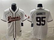 Cheap Men's Cleveland Browns #95 Myles Garrett White With Patch Cool Base Stitched Baseball Jersey