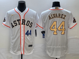 Wholesale Cheap Men\'s Houston Astros #44 Yordan Alvarez Number 2023 White Gold World Serise Champions Patch Flex Base Stitched Jersey
