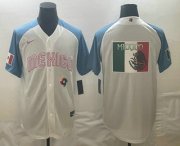 Cheap Men's Mexico Baseball 2023 White Blue World Big Logo Classic Stitched Jerseys