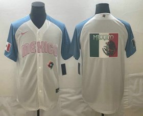 Cheap Men\'s Mexico Baseball 2023 White Blue World Big Logo Classic Stitched Jerseys