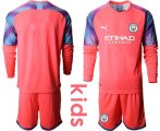 Wholesale Cheap Manchester City Blank Pink Goalkeeper Long Sleeves Kid Soccer Club Jersey