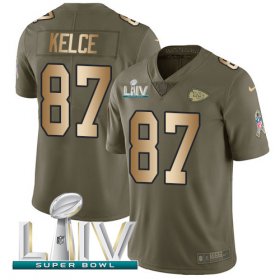 Wholesale Cheap Nike Chiefs #87 Travis Kelce Olive/Gold Super Bowl LIV 2020 Youth Stitched NFL Limited 2017 Salute To Service Jersey