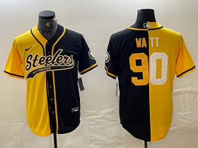 Cheap Men\'s Pittsburgh Steelers #90 TJ Watt Yellow Black Split With Patch Cool Base Stitched Baseball Jersey