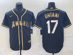 Wholesale Cheap Men\'s Los Angeles Angels #17 Shohei Ohtani Black Gold Stitched MLB Cool Base Nike Jersey