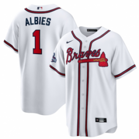 Wholesale Cheap Men\'s White Atlanta Braves #1 Ozzie Albies 2021 World Series Champions Cool Base Stitched Jersey