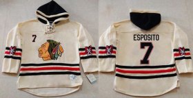 Wholesale Cheap Blackhawks #7 Tony Esposito Cream Heavyweight Pullover Hoodie Stitched NHL Jersey