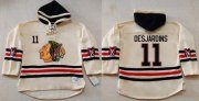Wholesale Cheap Blackhawks #11 Andrew Desjardins Cream Heavyweight Pullover Hoodie Stitched NHL Jersey