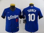 Wholesale Cheap Youth Los Angeles Dodgers #10 Justin Turner Blue 2021 City Connect Number Cool Base Stitched Jersey
