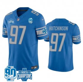 Cheap Men\'s Detroit Lions #97 Aidan Hutchinson Blue 2023 90th Anniversary North Division Champions Patch Limited Stitched Jersey