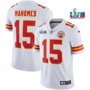 Wholesale Cheap Men's Kansas City Chiefs #15 Patrick Mahomes White Super Bowl LVII Patch Vapor Untouchable Limited Stitched Jersey