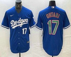 Cheap Men\'s Los Angeles Dodgers #17 Shohei Ohtani Number Blue Green Stitched Cool Base Nike Jerseys