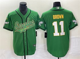 Wholesale Cheap Men\'s Philadelphia Eagles #11 A. J. Brown Green Gold Cool Base Baseball Stitched Jersey