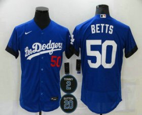 Wholesale Cheap Men\'s Los Angeles Dodgers #50 Mookie Betts Blue #2 #20 Patch City Connect Flex Base Stitched Jersey