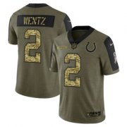 Wholesale Cheap Men's Olive Indianapolis Colts #2 Carson Wentz 2021 Camo Salute To Service Limited Stitched Jersey