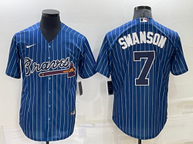 Wholesale Men\'s Atlanta Braves #7 Dansby Swanson Navy Blue Pinstripe Stitched MLB Cool Base Nike Jersey