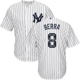 Wholesale Cheap Yankees #8 Yogi Berra White Strip Team Logo Fashion Stitched MLB Jersey
