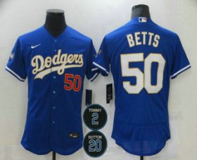 Wholesale Cheap Men\'s Los Angeles Dodgers #50 Mookie Betts Blue Gold #2 #20 Patch Stitched MLB Flex Base Nike Jersey