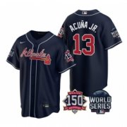 Wholesale Cheap Men Atlanta Braves 13 Ronald Acuna Jr 2021 Navy World Series With 150th Anniversary Patch Cool Base Stitched Jersey