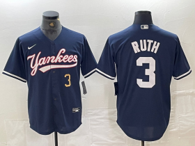 Cheap Men\'s New York Yankees #3 Babe Ruth Number Navy Cool Base Stitched Baseball Jersey
