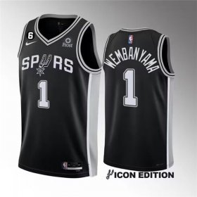 Wholesale Cheap Men\'s San Antonio Spurs #1 Victor Wembanyama Black 2022-23 Icon Edition With NO.6 Patch Stitched Basketball Jersey