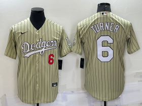 Wholesale Cheap Men\'s Los Angeles Dodgers #6 Trea Turner Number Cream Pinstripe Stitched MLB Cool Base Nike Jersey