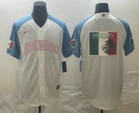 Cheap Men\'s Mexico Baseball 2023 White Blue World Big Logo Classic Stitched Jersey