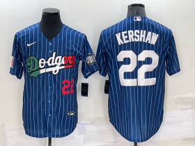 Wholesale Cheap Men\'s Los Angeles Dodgers #22 Clayton Kershaw Number Navy Blue Pinstripe 2020 World Series Cool Base Nike Jersey