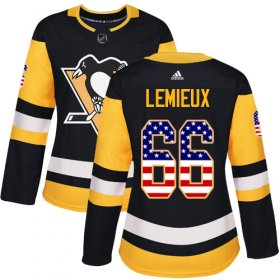 Wholesale Cheap Adidas Penguins #66 Mario Lemieux Black Home Authentic USA Flag Women\'s Stitched NHL Jersey