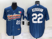Wholesale Cheap Mens Los Angeles Dodgers #22 Clayton Kershaw Number Rainbow Blue Red Pinstripe Mexico Cool Base Nike Jersey