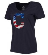 Wholesale Cheap Women's Cleveland Indians USA Flag Fashion T-Shirt Navy Blue