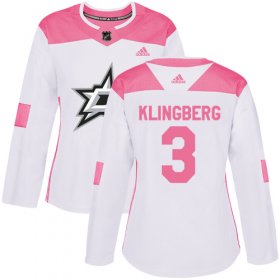 Wholesale Cheap Adidas Stars #3 John Klingberg White/Pink Authentic Fashion Women\'s Stitched NHL Jersey
