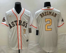 Cheap Men\'s Houston Astros #2 Alex Bregman Number 2023 White Gold World Serise Champions Patch Cool Base Stitched Jersey