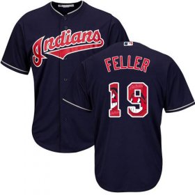 Wholesale Cheap Indians #19 Bob Feller Navy Blue Team Logo Fashion Stitched MLB Jersey