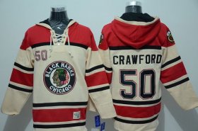 Wholesale Cheap Blackhawks #50 Corey Crawford Cream Sawyer Hooded Sweatshirt Stitched NHL Jersey
