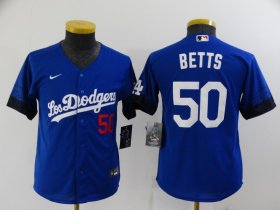 Wholesale Cheap Youth Los Angeles Dodgers #50 Mookie Betts Blue 2021 City Connect Number Cool Base Stitched Jersey