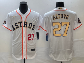 Wholesale Cheap Men\'s Houston Astros #27 Jose Altuve Number 2023 White Gold World Serise Champions Patch Flex Base Stitched Jersey2