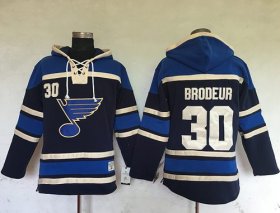 Wholesale Cheap Blues #30 Martin Brodeur Navy Blue Sawyer Hooded Sweatshirt Stitched NHL Jersey