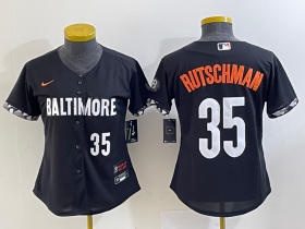 Wholesale Cheap Women\'s Baltimore Orioles #35 Adley Rutschman Number Black 2023 City Connect Cool Base Stitched Jersey 1