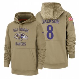 Wholesale Cheap Baltimore Ravens #8 Lamar Jackson Nike Tan 2019 Salute To Service Name & Number Sideline Therma Pullover Hoodie