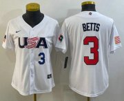 Cheap Womens USA Baseball #3 Mookie Betts Number 2023 White World Classic Replica Stitched Jersey