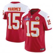 Cheap Men's Kansas City Chiefs #15 Patrick Mahomes Red White 2024 F.U.S.E. Super Bowl LVIII Patch Vapor Untouchable Limited Football Stitched Jersey