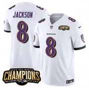 Cheap Men's Baltimore Ravens #8 Lamar Jackson White 2023 F.U.S.E. AFC North Champions Vapor Limited Football Stitched Jersey
